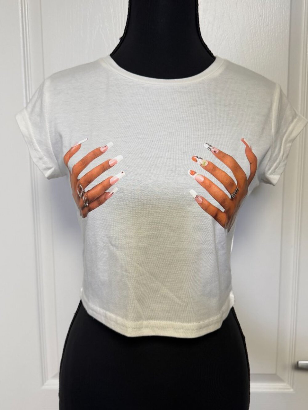 Hottie Novelty Hands Graphic Crop Top White Size M
